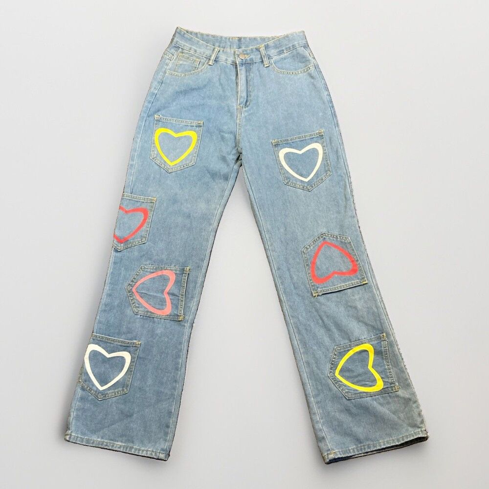 Niche Design Colorful Multi Pocket Heart Jeans Women's Size M